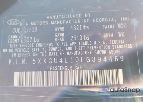 2020 Kia Optima Ex из США, поврежденный, VIN 5XXGU4L10LG394469